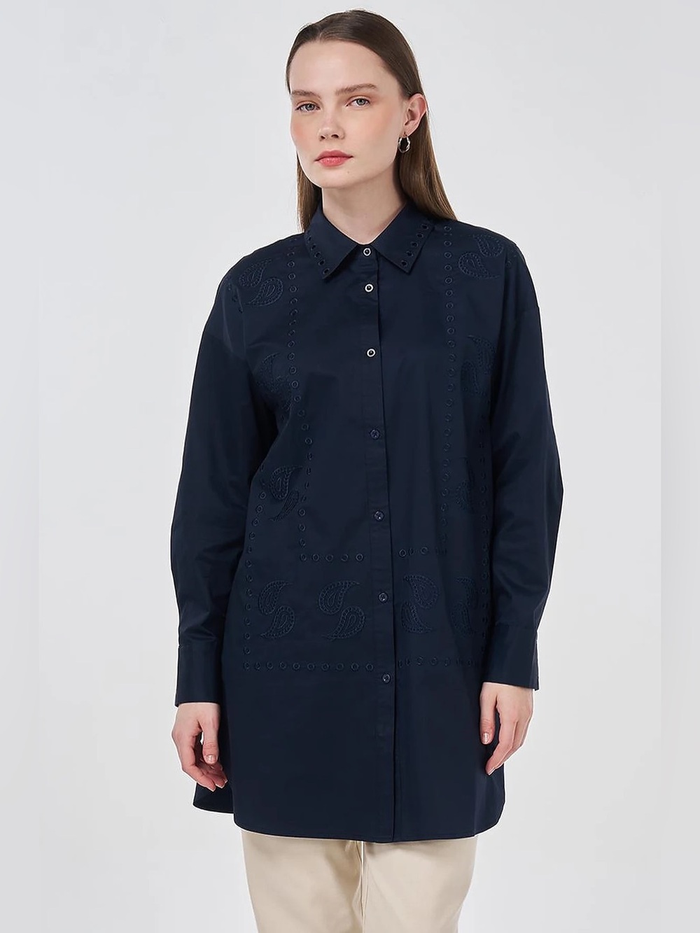 Kayra Navy Blue Embroidered Paisley Longline Button Down Tunic Size 40
